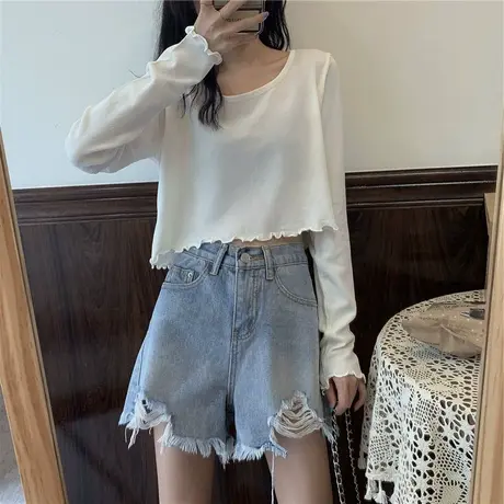 2024年早春装新款宽松白色上衣甜辣妹小众设计感短款长袖T恤女装商品大图