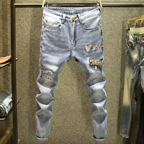 男士欧美潮牌烫钻牛仔裤修身小脚裤潮流高端老虎刺绣轻奢百搭长裤商品大图