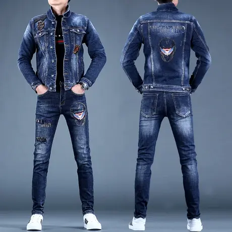 2023秋冬男士烫钻牛仔套装男潮牌修身休闲男款裤子男上衣外套夹克商品大图