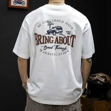 重磅白色短袖t恤男士夏季宽松大码潮牌加肥加大半袖印花男装体恤商品大图