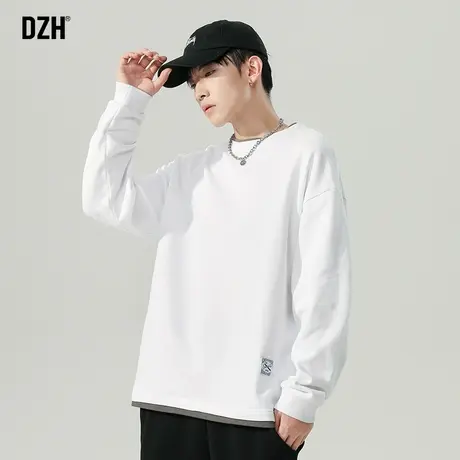 男士假两件白色t恤男长袖宽松上衣男装2024新款打底内搭卫衣春季图片