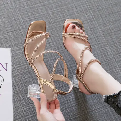 一字带水钻凉鞋女2020新款夏网红仙女百搭透明水晶粗跟中跟高跟鞋商品大图