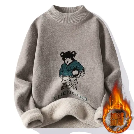 冬季13青少年学生一体绒毛衣12岁男孩15大童加绒加厚半高领针织衫商品大图