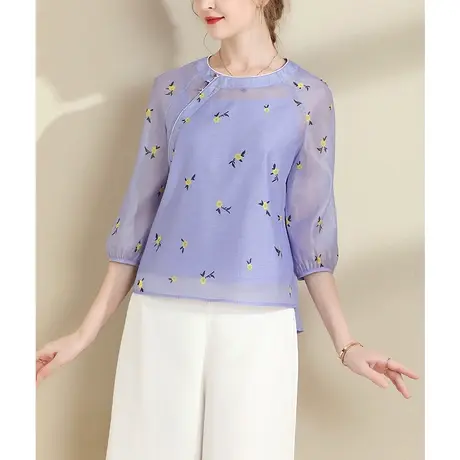【1件7.9折】夏装新品气质优雅女装上衣时尚百搭欧根纱印花T恤衫图片