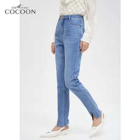 miss COCOON高腰牛仔裤2023春装新款女小众设计裤脚开叉烟管裤商品大图