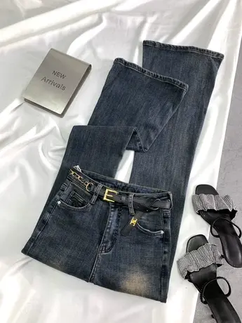 复古磨白美式加绒牛仔喇叭裤女2023冬季新款显瘦百搭高腰微辣长裤图片