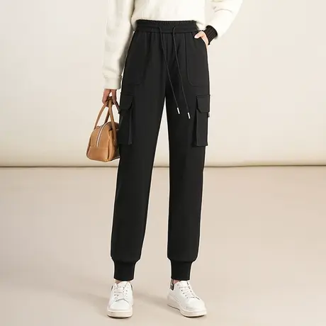 束脚工装裤女秋冬加绒小个子长裤2023新款松紧腰显瘦百搭休闲卫裤商品大图