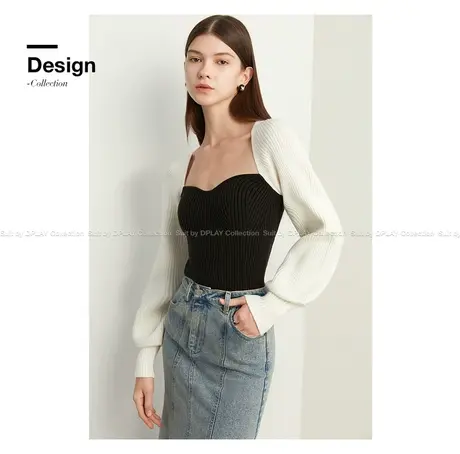 DPLAY冬季慵懒风气质毛衣法式方领上衣灯笼袖针织衫商品大图