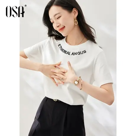 OSA欧莎印花字母白色短袖T恤女夏季2023年新款正肩衣服体恤上衣薄图片