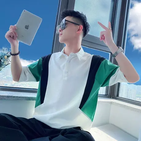 夏季男t恤上衣短袖翻领学生宽松拼色薄款半袖休闲潮流体恤POLO衫商品大图