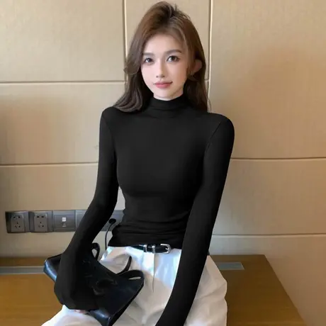 黑色半高领打底衫内搭保暖长袖T恤2023春秋冬修身中领洋气上衣潮图片