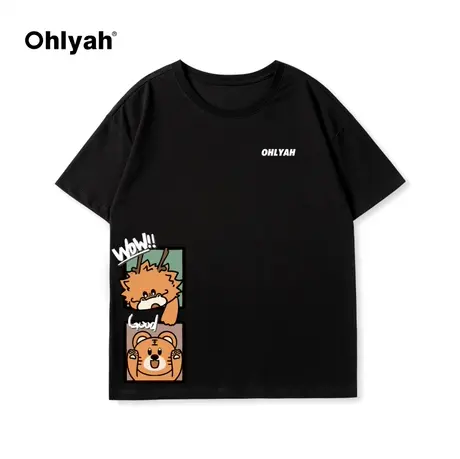 Ohlyah2024春夏新款卡通小龙印花大码短袖男女款圆领纯棉情侣T恤商品大图