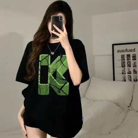 打底衫高街hiphop纯棉短袖T恤女春秋季2024新款宽松字母印花内搭商品大图
