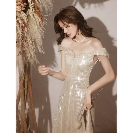 宴会晚礼服裙女2023新款生日派对气质中长款主持人仙气亮片小礼服图片