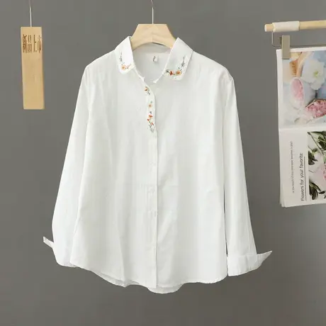刺绣领纯棉白色衬衫女长袖百搭基础款打底衫衬衣小个子四季穿上衣商品大图