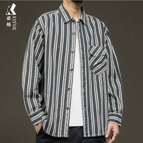 希越休闲条纹衬衫男2024春季宽松大码男士翻领美式纯棉外套高级感商品大图