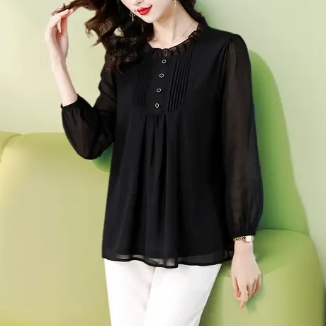 2024年新款春装宽松雪纺衫女士长袖春秋黑色大码女装上衣中年妈妈商品大图