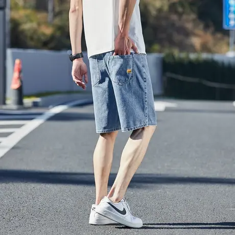 唐狮24春季新款男牛仔中裤宽松潮流百搭绣字时尚经典五分裤子男图片
