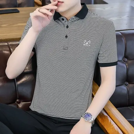 纯棉条纹t恤男短袖夏季2023新款宽松薄款打底衫内搭纯色修身上衣商品大图
