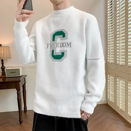 秋冬季水貂绒男毛衣青年时尚百搭半高领针织毛线衣加厚保暖打底衫商品大图