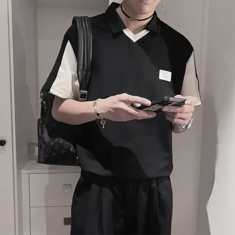 夏季POLO衫短袖T恤ins个性拼色假两件男半袖上衣小众休闲潮牌体恤图片