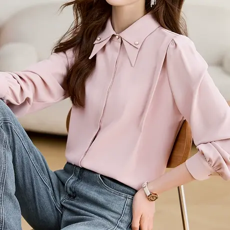 【3月4春新品8折】时尚高级感POLO领长袖衬衫百搭显瘦衬衣上衣女图片