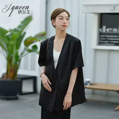 短袖西装外套女夏季新款气质宽松休闲高级设计感小众v领开衫西服图片