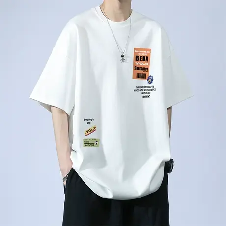 夏季纯棉短袖t恤男青少年潮牌宽松半袖体恤初中高中学生大童男装图片