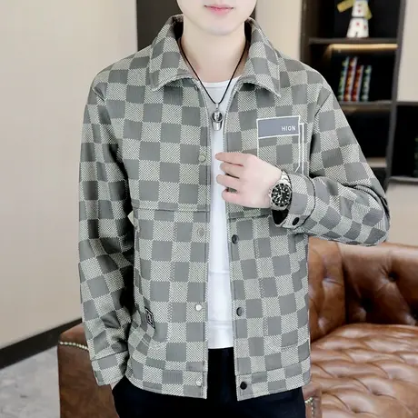 痞帅气棋盘格男士夹克秋季翻领工装高级感外套潮流休闲秋装上衣服商品大图