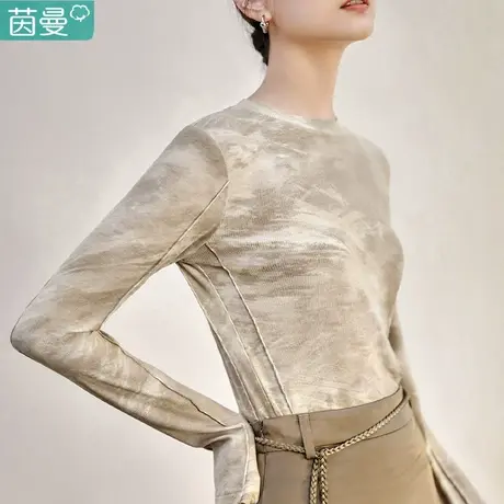 茵曼新中式扎染打底衫女2024年春季新款修身内搭圆领长袖T恤上衣图片