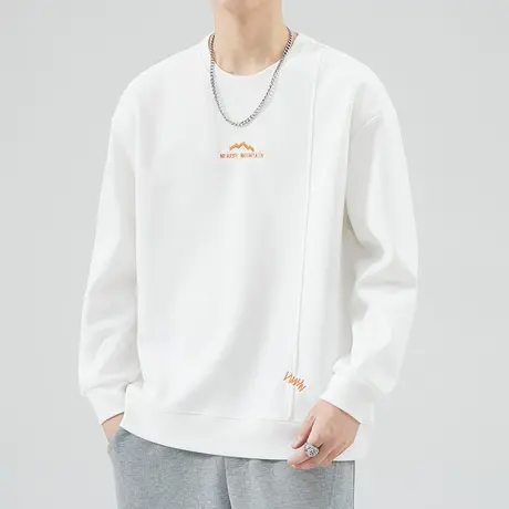 秋季中性风重磅白色圆领卫衣男生早春情侣装长袖上衣服春秋款男装商品大图