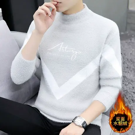 男士毛衣加厚加绒半高领针织打底衫秋冬季潮流水貂绒保暖冬装线衣商品大图
