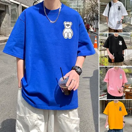 潮流纯棉夏季小熊短袖t恤男ins潮牌宽松重磅半袖情侣港风高街体恤商品大图