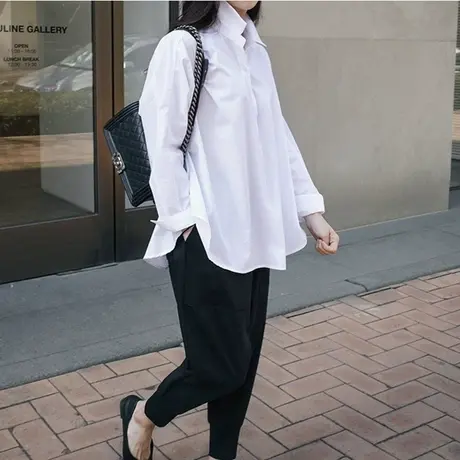 秋装新款套头简约衬衫女韩版宽松大码长袖时尚翻领纯棉学院风衬衣商品大图