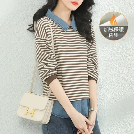 韩潮袭人2023冬新款假两件中长款polo领条纹加绒卫衣女加厚商品大图