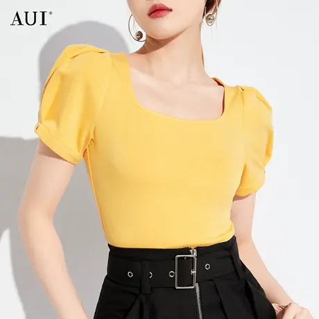 AUI黄色气质修身泡泡袖T恤女2023夏季新款小众设计感别致短袖上衣商品大图