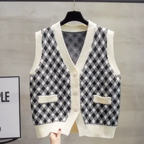 v领针织开衫马甲背心女2023秋装新款宽松外穿马夹菱格毛衣坎肩潮商品大图