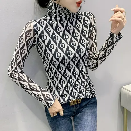 高领打底衫女秋冬洋气设计感小众印花长袖T恤欧货紧身网纱上衣潮商品大图