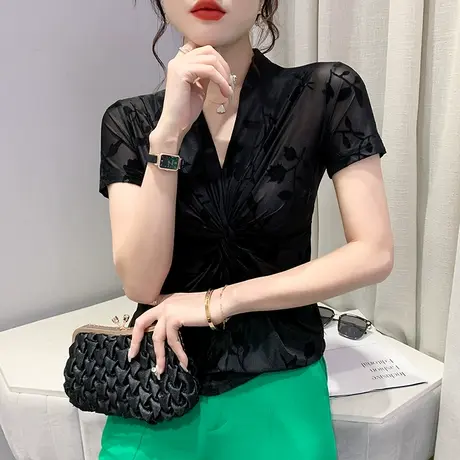 欧货性感网纱T恤女短袖2023新款V领扭结上衣设计感提花修身小衫潮商品大图