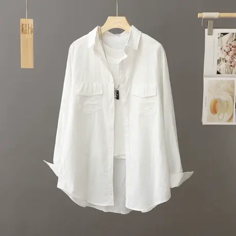 秋季2023年新款中长款纯色衬衫女长袖纯棉外套衬衣宽松休闲上衣潮商品大图
