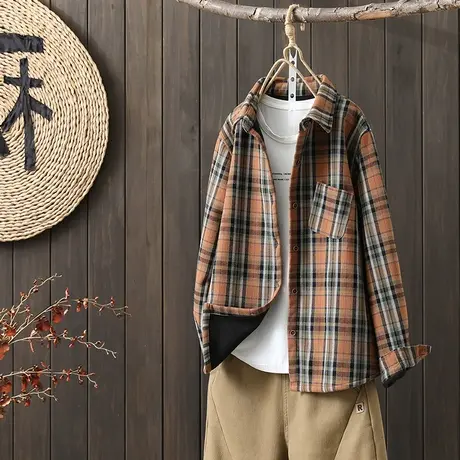 枫谜2022年冬季新款格纹加绒保暖百搭休闲显瘦宽松版翻领衬衫图片