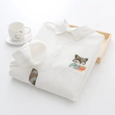 秋冬季加厚学生小清新刺绣纯棉白色衬衫女装职业百搭学生打底衬衣图片