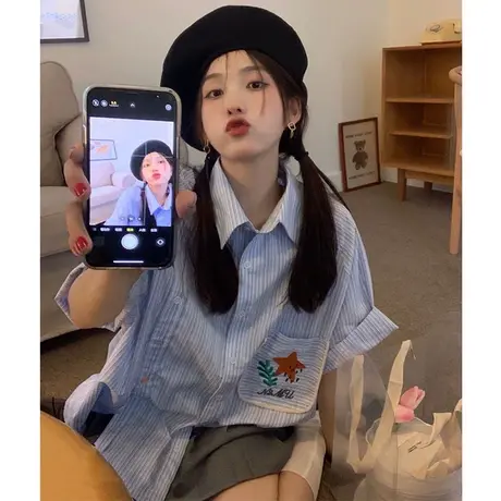 日系条纹衬衫女夏季薄款港味复古设计感小众法式别致短袖方领上衣商品大图