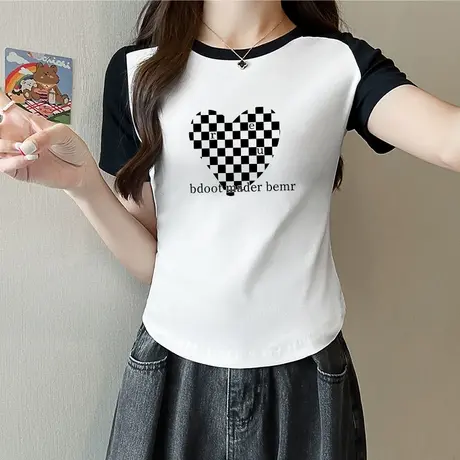 2023新款撞色短袖t恤女夏季修身短款设计感独特别致小上衣收腰商品大图