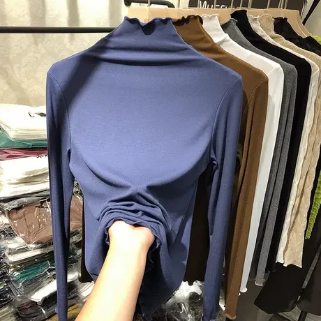 欧货木耳边长袖正肩紧身t恤女秋慵懒风半高领内搭螺纹打底衫上衣商品大图