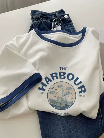 仿棉短袖t恤女夏季法式甜美别致小众设计感复古港味chic正肩上衣商品大图