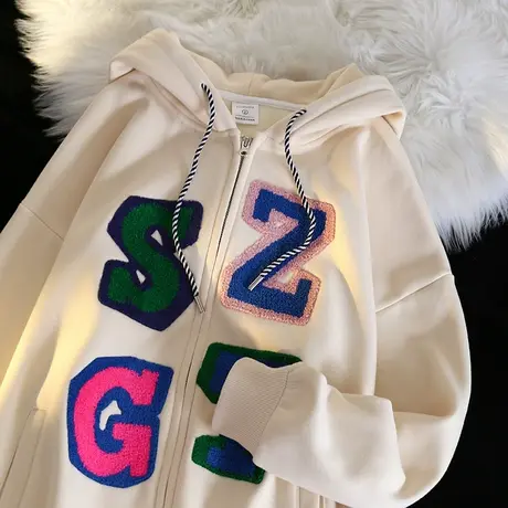 秋冬加绒加厚拉链卫衣女美式复古小众高街国潮牌oversize连帽外套图片