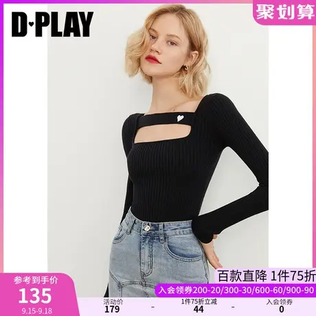 DPLAY秋装新时尚黑色方领毛衫通勤风撞色机绣爱心修身针织衫商品大图