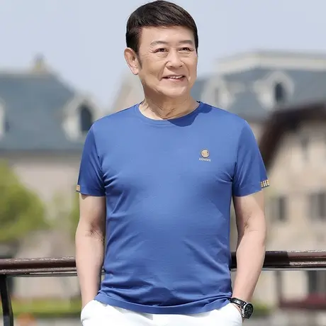 中年男士短袖t恤丝光棉夏季薄款爸爸装冰丝休闲圆领半袖polo汗衫商品大图