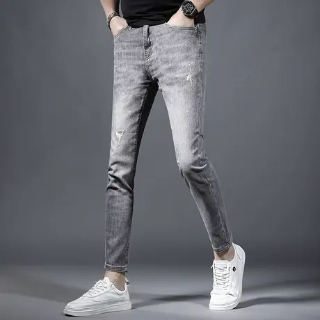 九分牛仔裤男2023新款夏季修身小脚裤破洞灰色高弹力百搭男士裤子商品大图